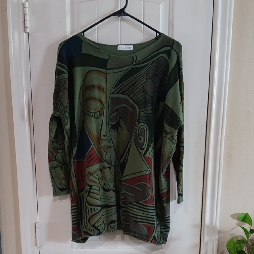 EllaZhu Wearable Art Knit PICASSO Cubist Sweater Green w Red & Blue Accents